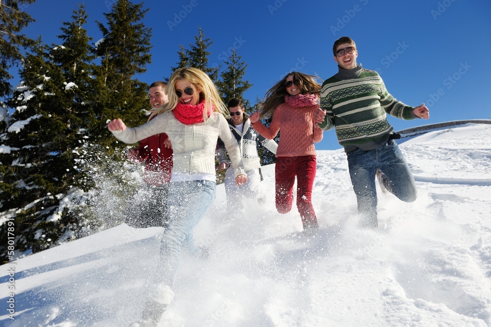 Naklejka premium friends have fun at winter on fresh snow