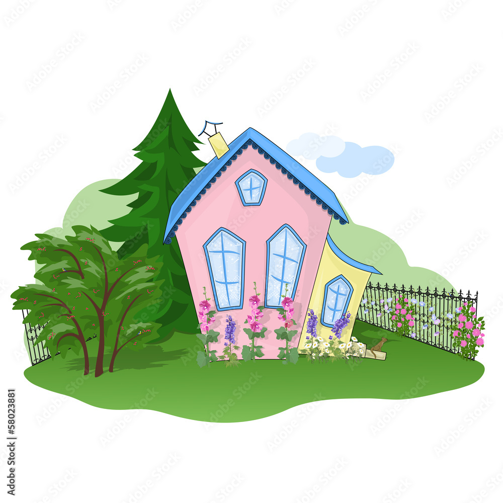 Pink-yellow house in the early autumn Pink-yellow house in the early autumn
