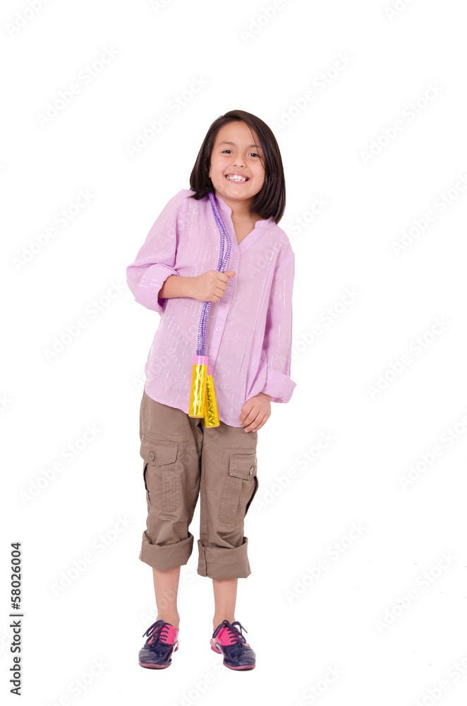 Seven years Girl with skipping rope isolated on white Seven years Girl with skipping rope isolated on white
