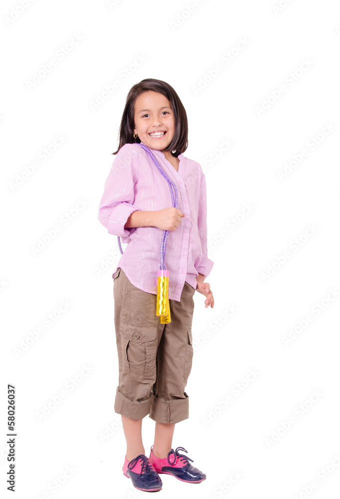 Seven years Girl with skipping rope isolated on white Seven years Girl with skipping rope isolated on white
