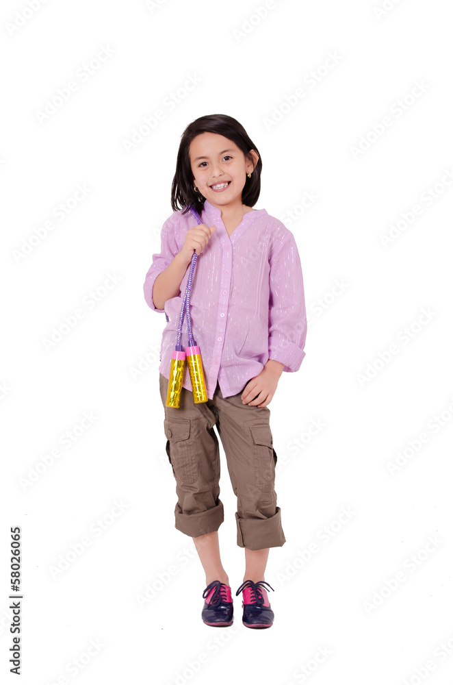 Seven years Girl with skipping rope isolated on white Seven years Girl with skipping rope isolated on white