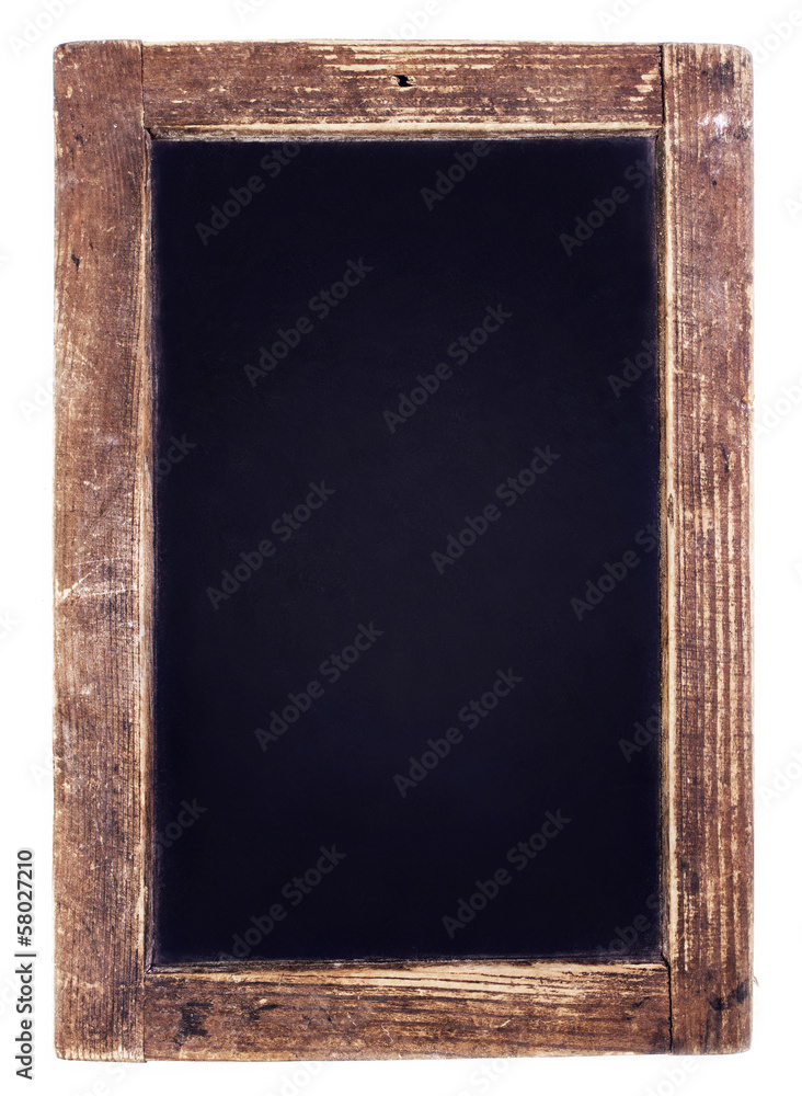 Fototapeta premium Vintage blackboard on wooden background. Blank Chalk board with