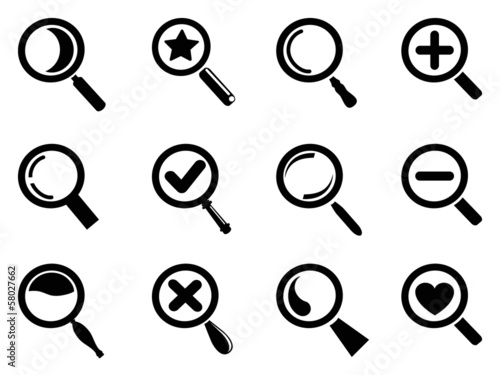 black magnifying glass icons set