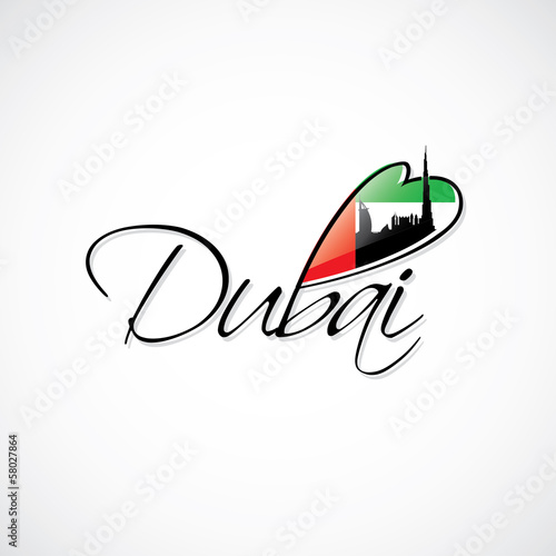 Dubai caption with flag and skyline of the City