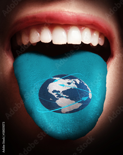 woman with open mouth spreading tongue colored in social network