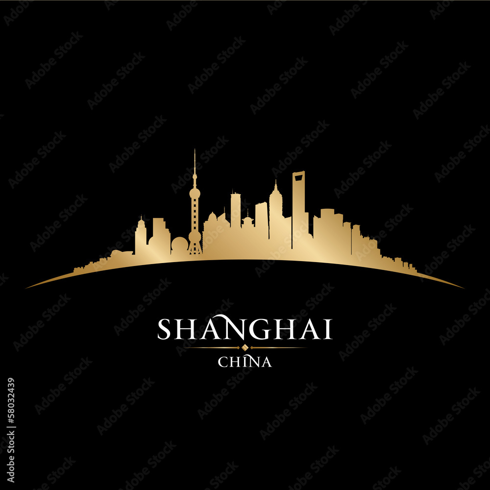 Shanghai China city skyline silhouette black background
