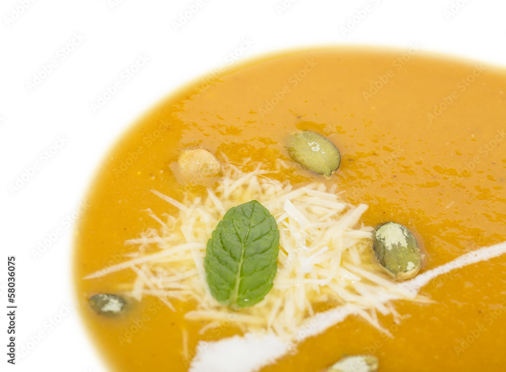 pumpkin soup on a white background in the restaurant pumpkin soup on a white background in the restaurant
