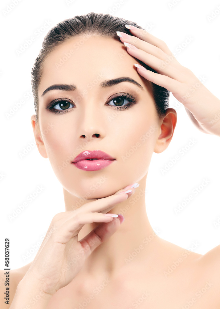 Beautiful girl with clean fresh skin, white background Beautiful girl with clean fresh skin, white background