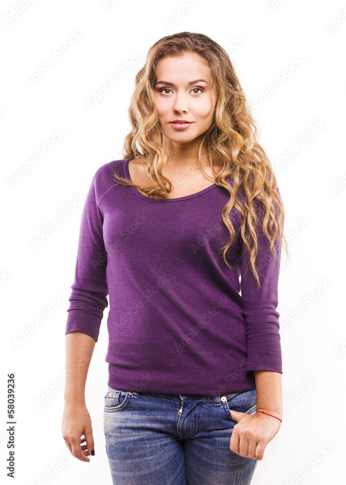 Positive curly girl in the studio. Positive curly girl in the studio.