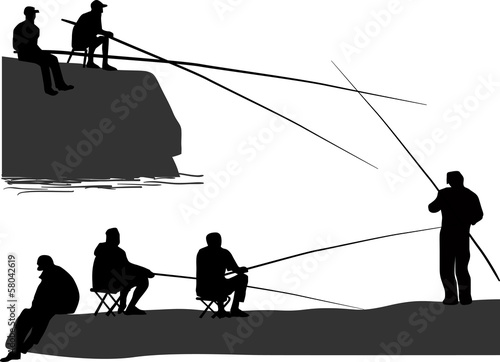 six fishermen silhouettes isolated on white