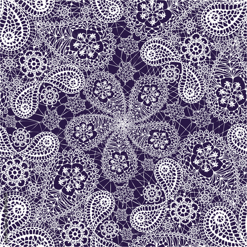 Ornamental seamless lace pattern with snowflakes and cucumbers