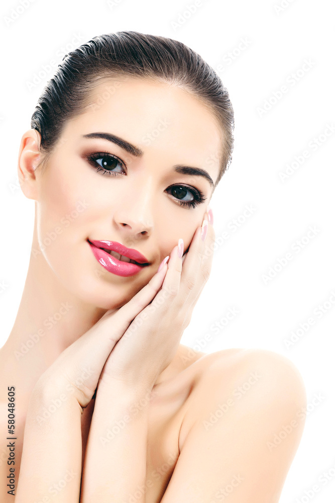 Beautiful girl with clean fresh skin, white background Beautiful girl with clean fresh skin, white background
