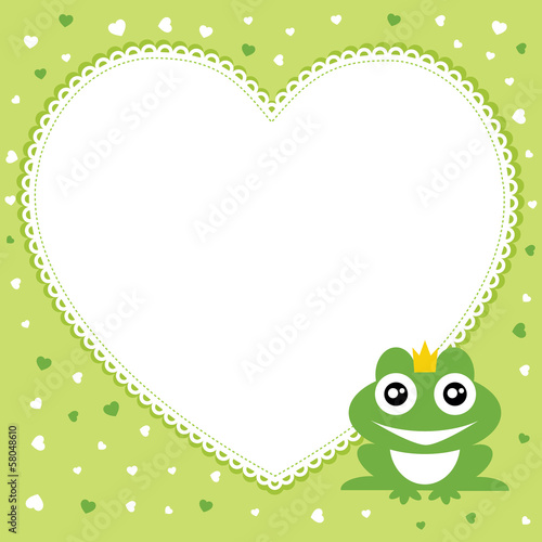 The frog prince with heart shape frame. Vector illustration.