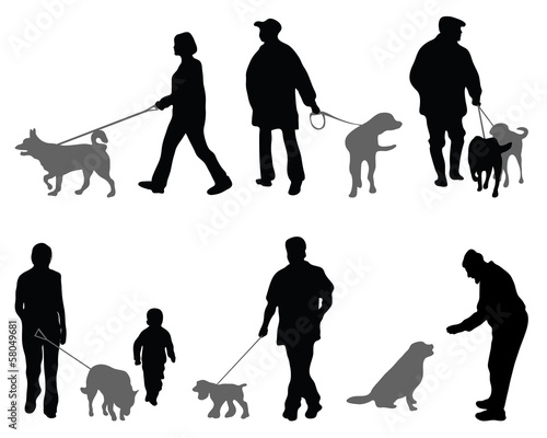 Silhouettes of people and dogs-vector