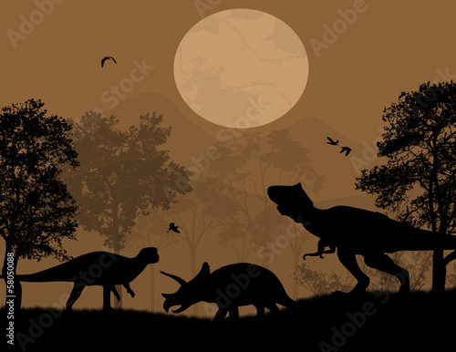 Dinosaurs silhouettes in wildscape