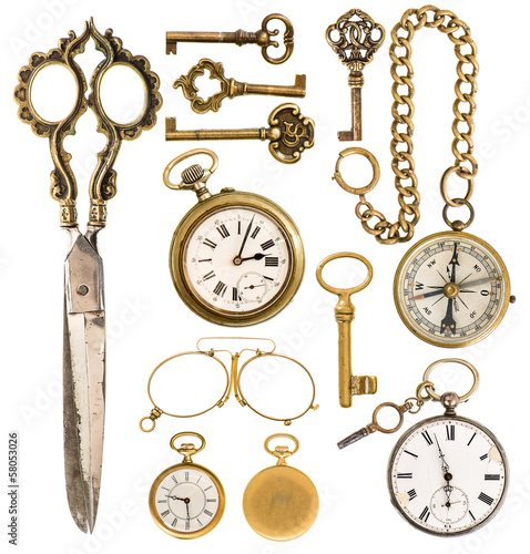 golden vintage accessories. antique keys, clock, scissors, compa