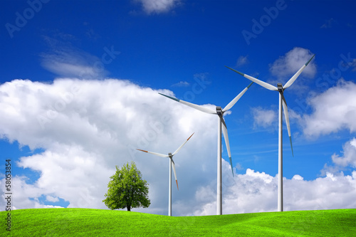 Wind turbines on blue sky