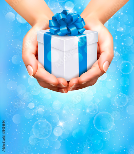 Holiday background with hands holding gift boxes. Vector
