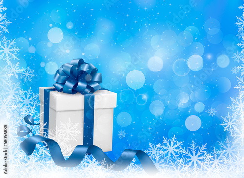 Christmas blue background with gift box and snowflakes. Vector i