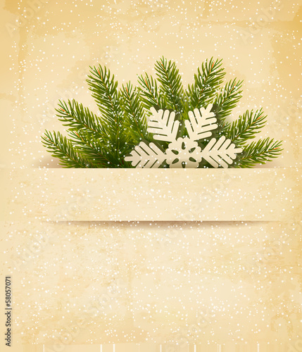 Christmas retro background with tree branches and snowflake. Vec