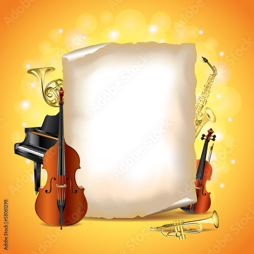 Musical instruments with blank paper, vector