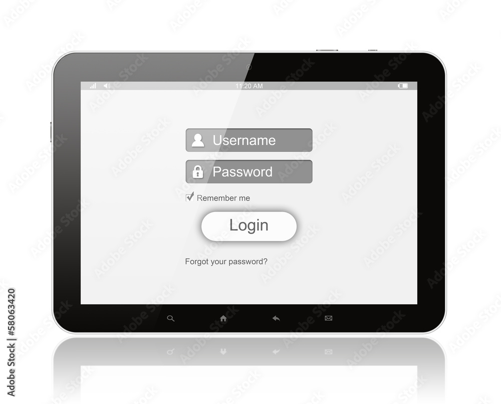 Tablet PC with login box on white background.