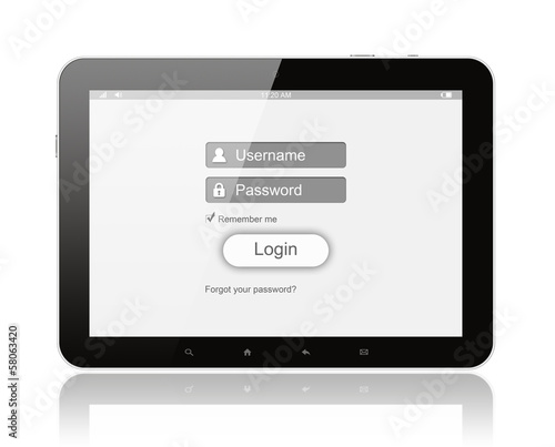 Tablet PC with login box on white background.