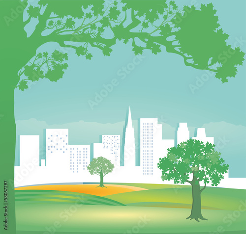 Grüne Landschaft mit Häusern und Bäumen