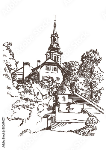 Vector drawing of a church on the island in lake Bled in Sloveni