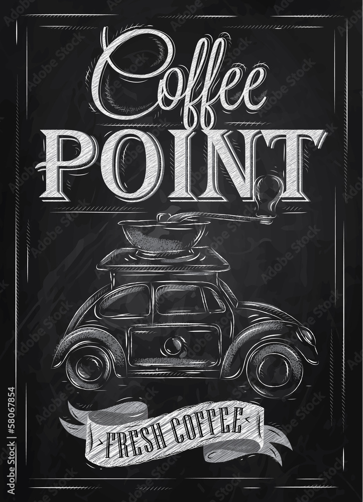 Retro poster in vintage style with toy car. Drawing chalk.
