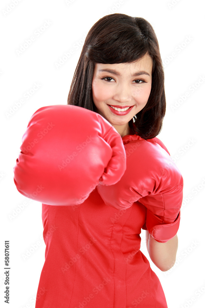 Woman punched at you wearing red boxing gloves Woman punched at you wearing red boxing gloves