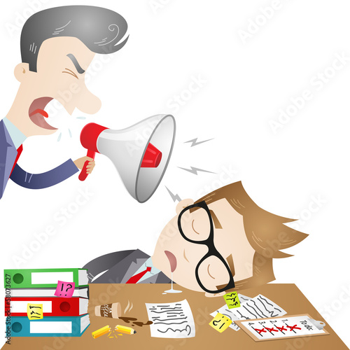 Businessman, desk, sleeping, boss, shouting
