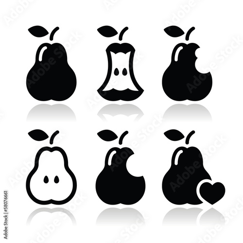 Pear, pear core, bitten, half vector icons