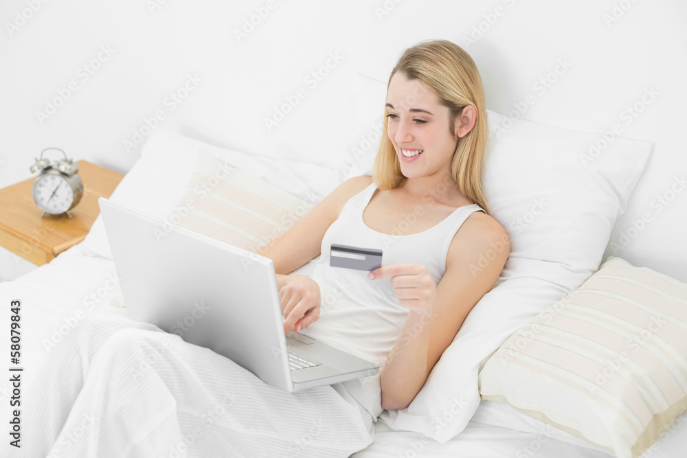 Relaxing calm woman using her notebook for home shopping Relaxing calm woman using her notebook for home shopping