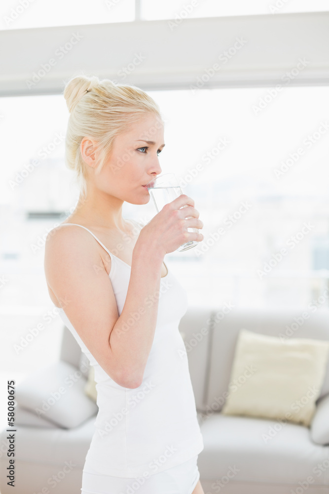 Side view of a fit woman drinking water at the gym Side view of a fit woman drinking water at the gym