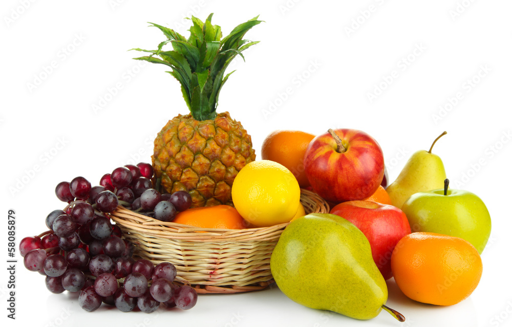 Ripe fruits in basket isolated on white Ripe fruits in basket isolated on white