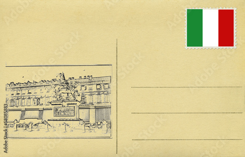 Back of vintage postacard with Italian flag and Piazza San Carlo photo