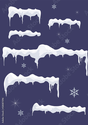 Ice-sheet with icicles, stars and snowflakes. Snow top.