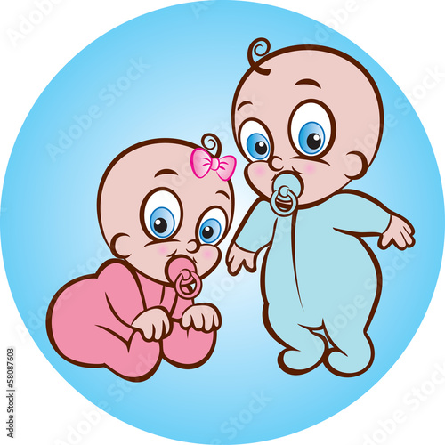 Vector illustration of cute baby boy and girl in diaper