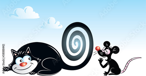 vector illustration of black cat hypnotizing black mouse