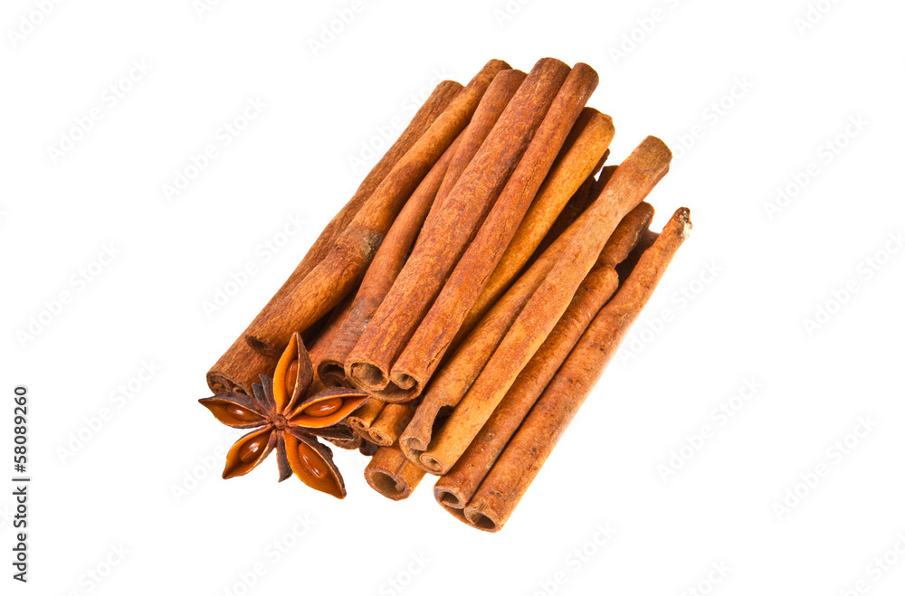 Cinnamon sticks and star anise on white background