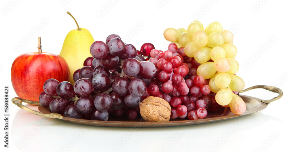 Golden tray with fruits isolated on white Golden tray with fruits isolated on white