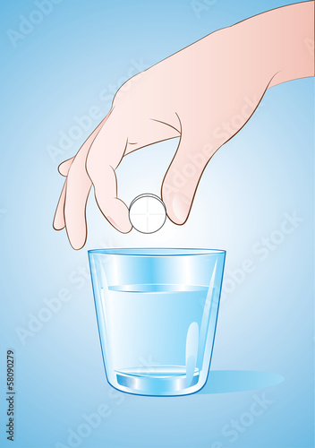 vector illustration of hand putting pills in glass of water