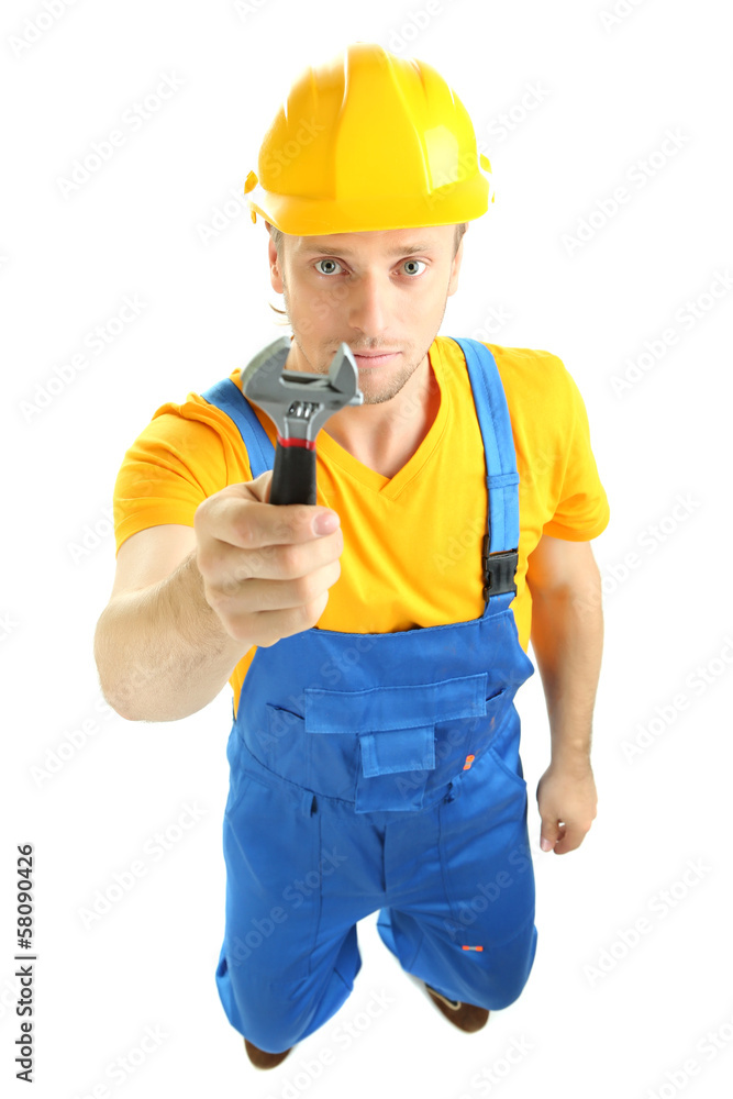 Portrait of young builder isolated on white Portrait of young builder isolated on white