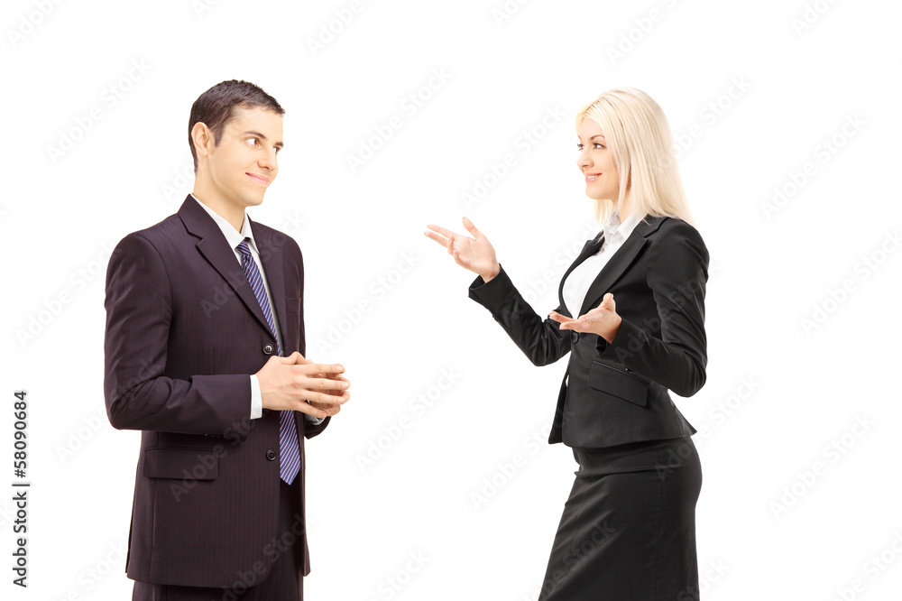 Two businesspeople having conversation together