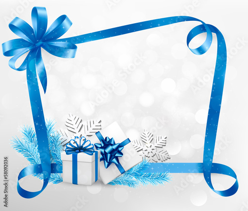 Holiday background with blue gift bow and gift boxes. Vector.