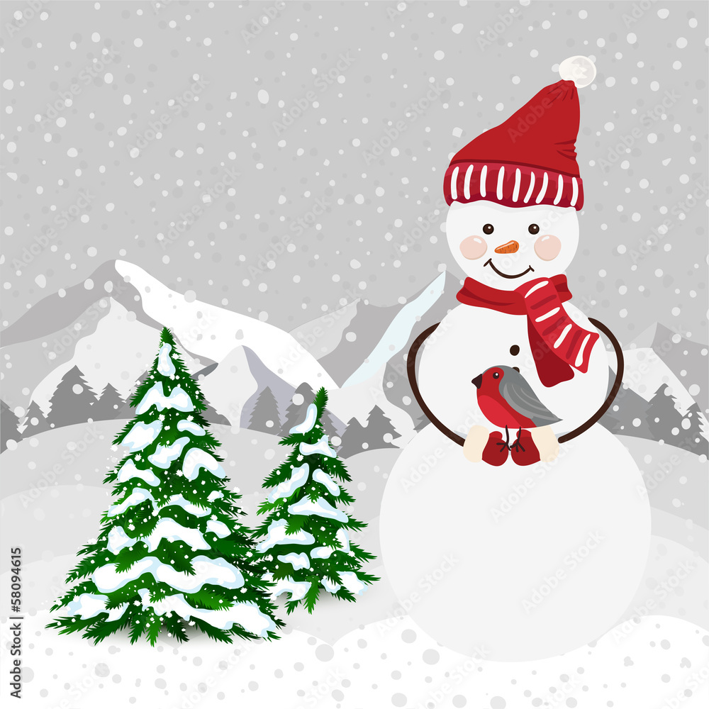 Snowman with bird in winter forest in vector