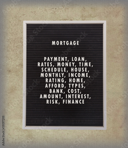 Tablou pe pânză Mortgage concept in plastic letters on very old menu board
