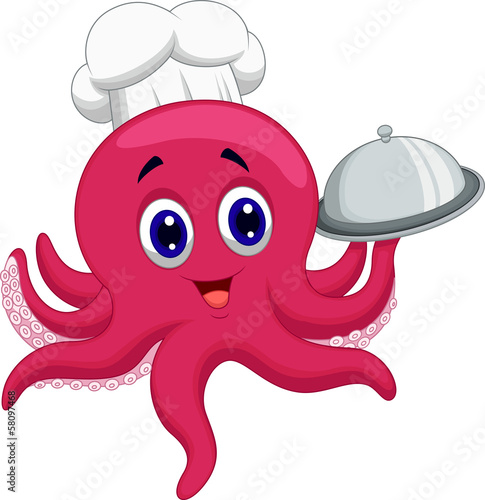 Octopus chef cartoon holding platters