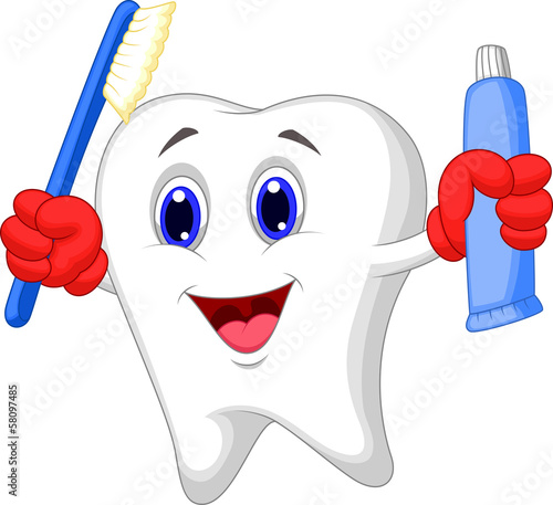 Tooth cartoon holding toothbrush and toothpaste